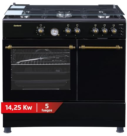 Corberó - Cocina de Gas Butano con horno | CCSF5GB926NR | 90 cm | 5 Fuegos 1 Wok | Autoencendido | Horno 52L | Trubo Fan | Cajón Calientaplatos | Kit Gas Natural |Anthracita