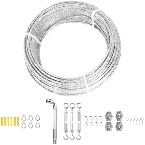 Kit de câble en acier inoxydable 20 m, fil de 3 mm gainé PVC, avec tendeurs, serre-câbles et accessoires de fixation, pour guirlandes lumineuses et fils à linge