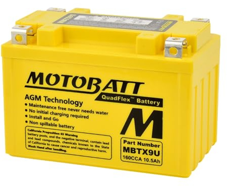 MOTOBATT - Motorradbatterie AGM MBTX9U | 12V 10.5Ah 160CCA | Versiegelt & Werksaktiviert | Kompatibel mit YTR9-BS, YTX9, u.a. | Kompatibel mit Honda, Yamaha, Kawasaki, Suzuki, BMW u.a.