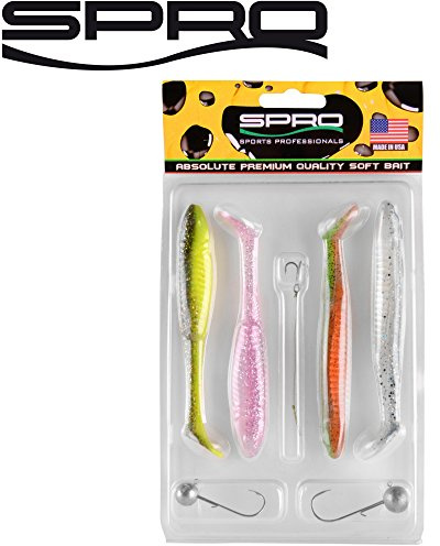Spro Köder Set 11cm - 4 Gummifische + 2 Jighaken 4/0 + 1 Stinger Gr. 6 zum Spinnfischen auf Hecht und Zander, Gummishads, Gummiköder
