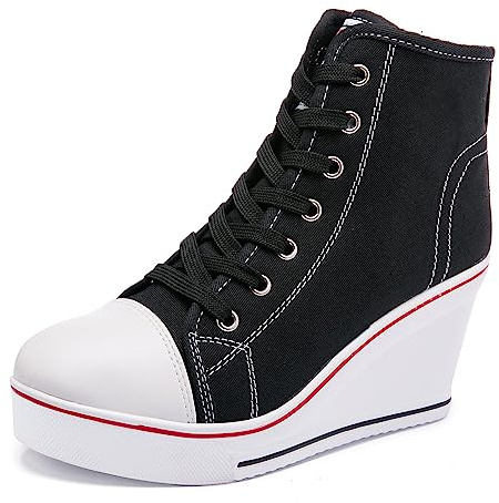 Hurriman Wedge Sneakers for Women, High Heel Platform High Top Canvas Shoes Lace up Zipper Fashion Sneakers, Tenis Zapatos de Cuña Plataforma Tacón para Mujer, Suitbale for Y2K & Harley Quinn Cosplay