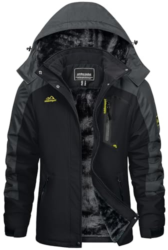 KEFITEVD Damen Winterjacke Warm Herbst Jacke mit Kapuze Langarm Windjacke mit Reißverschluss Thermo Fleece Skijacke Damenjacke Schwarz-Dunkelgrau M