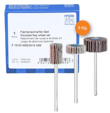 PFERD TOOLS Fächerschleifer-Set F, 3-tlg. / Korund Ø10x15mm Ø15x5mm Ø20x10mm Schaft-ø 3mm A80 / 44498031 – für Feinschliff & Finish mit dem Geradschleifer oder Biegwellenantrieb