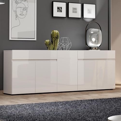 Dmora - Buffet Bethal, Buffet du Salon, Commode de Salon, Garde-Manger de Cuisine, Made in Italy, 225x38h79 cm, Blanc Brillant