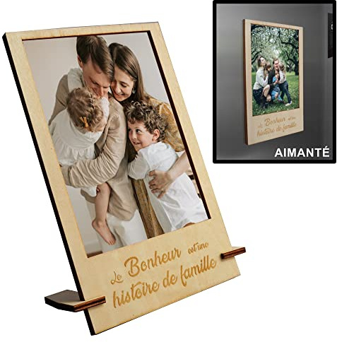 Marco de fotos personalizado de madera imán para nevera o con soporte para mesa | Foto formato estándar 10 x 15 cm | Portafotos magnético para superficie metálica para regalar. Idea de regalo