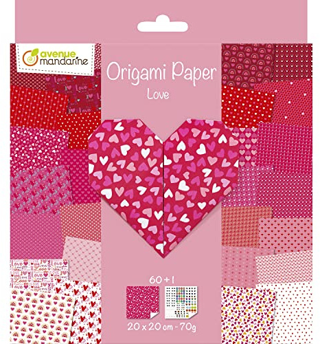My Mandarine OR518C - Una confezione da 60 fogliorigami 20x20 cm 70G (30 motivi x 2 fogli ) + foglio di adesivi.''occhi'',a partire dai 7 anni - Love