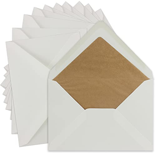 50x Vintage Brief-Umschläge gefüttert DIN C5 Naturweiss 90 g/m² - 162 x 229 mm - braunes Kraftpapier Seidenfutter - Nassklebung Spitzklappe I UmWelt by GUSTAV NEUSER