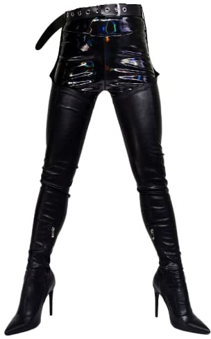 Frankie Hsu Bottes Hautes Cuissardes Sexy à Talon Haut au-dessus du Genou, Grande Taille, Boucle de Ceinture pour Homme et Femme, Noir, 45.5 EU