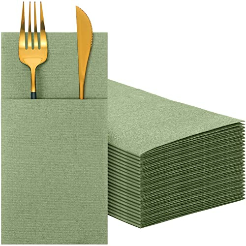 Cindeer 150 Pcs Sage Green Napkins Disposable Linen Feel Dinner Paper Napkins with Built in Flatware Pocket Prefolded Airlaid Paper Guest Hand Towel for Silverware Wedding Reception Baby Shower