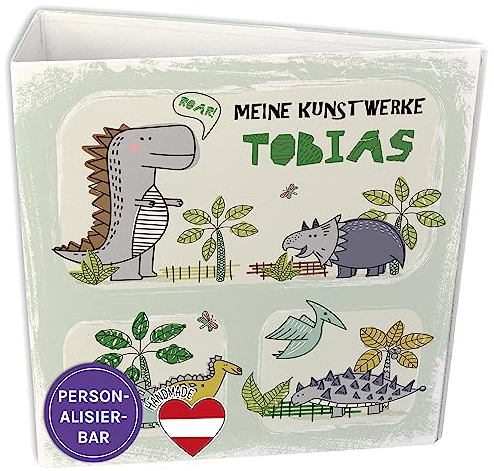 FEENSTAUB Ordner A4 personalisiert, Kinderordner Kindergarten und Kita, Schulordner, Portfolio Kindergarten, Dinosaurier Motivordner, Portfolio-Mappe, Urkunden Aktenordner Kinder Motiv Dinos