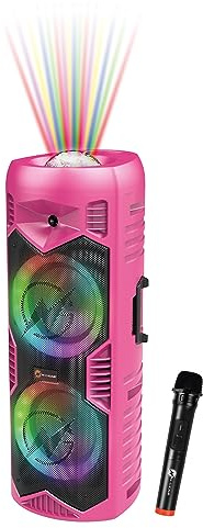 Let's Go Party 5150 Musikbox Bluetooth: Ultimat rosa partybox med 200 W 6-tums dubbla högtalare – bärbar karaokehögtalare med trådlös mikrofon, 5H speltid, fjärrkontroll och ljusshow