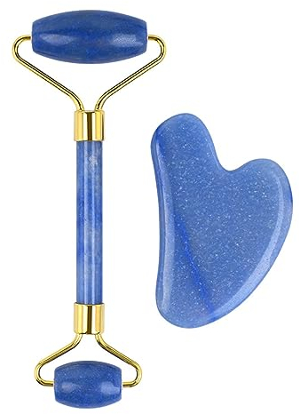 Natural Jade Roller Guasha Skin Scraper Facial Set Facial Stone Reafirmante Cara Antienvejecimiento Ojos Masajeador Cuello Anti Arrugas Azul,Guasha Y Rodillo