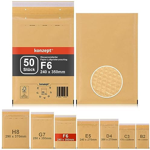 KONZEPT Luftpolsterumschläge, Set 50 Stück, Luftpolstertaschen für Brief, Unterlagen, CD, Fotos, Bücher, Kleidung, Elektronik, Schmuck, Kosmetik, selbstklebend, DIN F6, 240 x 350 mm