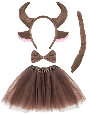 SKHAOVS Tierkostüm Junge und Mädchen, Stier-Cosplay-Set, Karneval Kostüm Tiere, Stirnband+Fliege+Schwanz+Tutu, Halloween Kostüm Faschingskostüme Zubehör für Fasching Cosplay Party