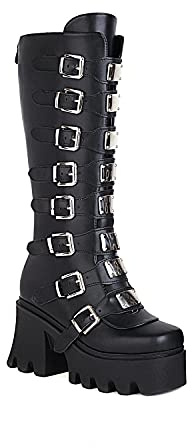 JIFAENY Damen Punk Goth Plattform Stiefel Gothic Keil Chunky Ins Motorrad Mid-Calf Combat Knie High Zipper Stiefel-schwarz matt-44