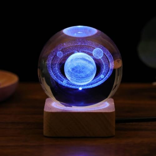 HeZhiNing Sfera di cristallo 3D, Luce Notturna per Bambini a Forma di Sfera in Vetro, Base a LED con 7 Luci che Cambiano Colore, Decorazione in Cristallo Regali (Saturno)