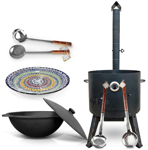 Utschak Feuerofen mit Thermometer Gusseisen Topf runder Boden mit Deckel (22 L), Schaumlöffel, Schöpfkelle, Lagan KazanoFF, Учаг, Kazan (22F 2)
