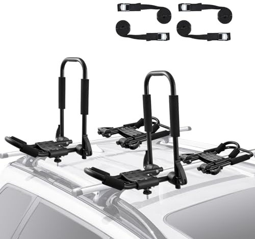 VEVOR Porte-Kayak pour Toit 2 Paires, Galerie de Toit à Pliage Rapide, Barres de Toit Souples en J, pour Planche de Surf, Canoë, SUP, Planche de Ski, Montage sur Voiture, SUV, Camion, 2 Kayaks, Voyage
