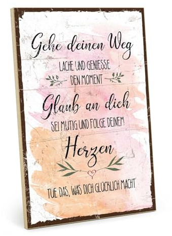 TypeStoff Holzschild mit Spruch – Gehe deinen Weg – im Vintage-Look mit Zitat als Geschenk und Dekoration zum Thema Motivation, Affirmation - HS-01430