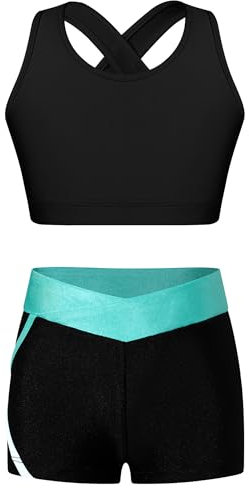 Jhaoyu Mädchen Trainingsanzug Kinder 2 Stück Sportbekleidung Set Sport BH Bustier + shorts Sommer Street Outfits Tanzen Gymnastik Yoga Kleidung Schwarz & Blau Grün 146-152/11-12 Jahre