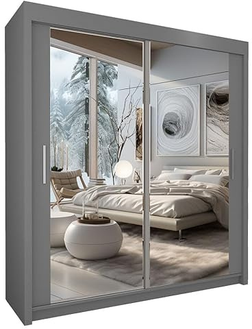 Style Heaven Modern Sliding Door Wardrobe for Bedroom,Matt Finish,2 Mirrored Sliding Doors wardrobes 6 Adjustable Shelves &2 Hanging Rail, made of MDF Chipboard, aluminium Handles Chicago(150cm Grey)