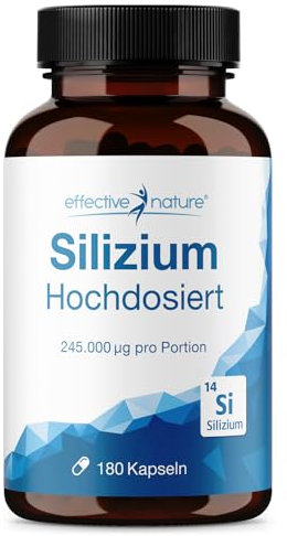 effective nature - Silizium Kapseln Hochdosiert - 180 Stk. aus Bambusextrakt - 500 mg Bambus Silizium pro Tag - mit Zink zur Unterstützung normaler Knochen, Haare, Nägel & Haut - Vegan