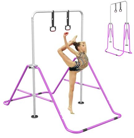 FINCOME Barra de gimnasia para niños con anillos de gimnasia, barra horizontal de gimnasia ajustable en altura, barra plegable, equipo de gimnasia para sala de casa, prácticas de gimnasio en