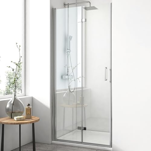 EMKE Duschtür 90x195cm Falttür Dusche, Duschabtrennung Faltbar Duschwand Pendeltür Nischentür Duschtüren Duschtrennwand Glas 6mm Sicherheitsglas Glastür