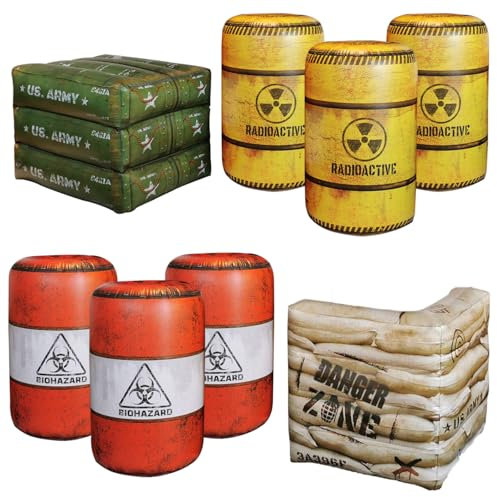 NINOSTAR Package 8 Combat Battlefield Inflatables, 6 Barrels + 1 Sandbag + 1 Army Box, Compatible with Laser tag, Water Gun for Boys Birthday Party Activities and Decoration, Include Water Chamber.