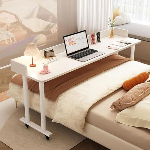 Breite Überbetttisch mit Rollen Höhenverstellbarer, mobiler Steh-Laptoptisch mit schweren Metallbeinen, Queen-Bett-Tisch, rollender medizinischer Überbett-Tisch für Zuhause(White,150cm)