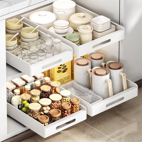 Teleskopschublade, Ausziehbare Schubladen Aufbewahrungsregale für Küchenschränke, Schubladen Organizer Küche Telescopic Drawer, Küchenschrank Organizer, Kein Bohren, Weiß, 35cm B X 43cm T X 6cm H