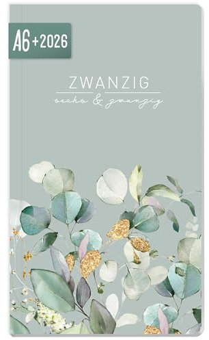 Häfft® Monatskalender 2026 A6+ Slim Minty Leaves 1 Monat auf 2 Seiten, Monatsplaner klein, Taschenkalender 2026 mit Jahres- & Ferienübersicht - nachhaltig & klimafreundlich