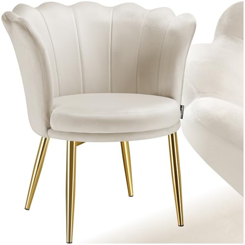 tectake® Poltrona Imbottita, Velluto Elegante, Imbottitura Extra Spessa, Seduta Ampia, Schienale Curvo a Fiore, Gambe in Acciaio Verniciate a Polveri, Piedini Antiscivolo e Antigraffio - Crema/Oro