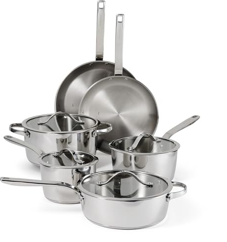 Tramontina Tempo - Juego de utensilios de cocina de acero inoxidable con base de triple capa, 10 piezas con tapas de vidrio, ollas y sartenes, listo para inducción, apto para horno, apto para