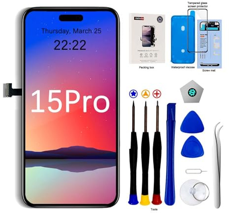 EFaith Pantalla para iPhone 15 Pro, Pantalla de Repuesto LCD Full HD de 6.1 Pulgadas, Marco digitalizador de Pantalla táctil 3D con Kit de Herramientas de reparación, Adhesivo y Vidrio Templado