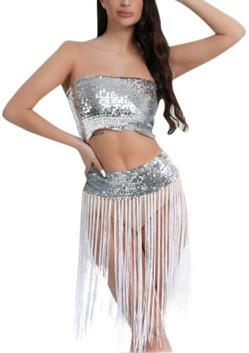 Vhersily Set Bikini con Paillettes Donna Costume da Bagno Sexy Lucida di Paillettes Tops + Gonna con Paillettes con Frange Due Pezzi Costumi Mare