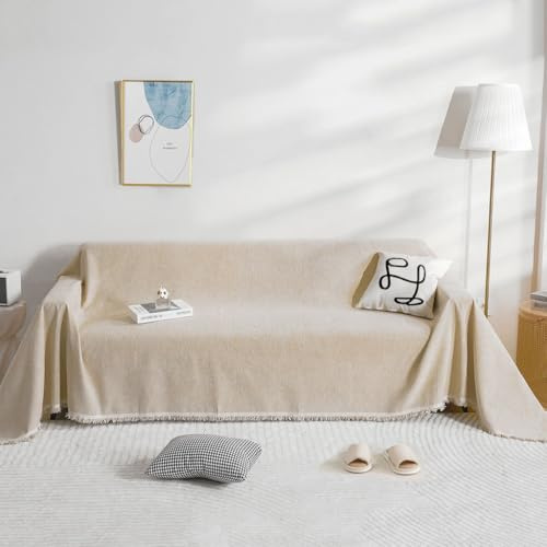 BUSVORES Sofa Überwurfdecke, Chenille Mit Fransen Sofabezug, AntiRutsch Couch Schutz für Haustiere Haare Kinder Hund Katze, Vielseitige Dekorative Sofaüberwurf für Familie(Khaki, 230x300 cm)
