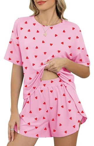 IECCP Dampyjamas kort pyjamas kortärmad pyjamas-set, nattkläder, sovkläder, tvådelad sommar, vardagskläder, sovkläder, hemmadräkt för hemmet, semester, fritid, Rosa hjärta, S