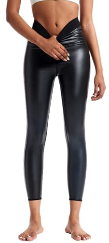 Ausing Lederhose Damen Hohe Taille Hosen Leder Kunstleder Leggings Enge Lederleggings Push Up Sexy Festival Clubwear Schwarz S