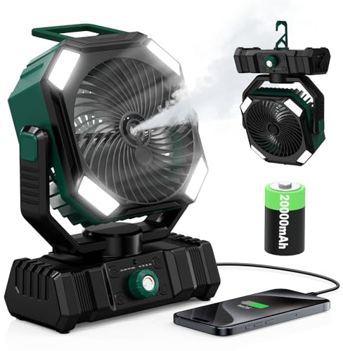 OUWANCH Camping Ventilator mit Sprühnebel & Wasserkühlung, 20000mAh Akku Ventilator, 45° 90° Oszillation, Haken, Fernbedienung, LED, USB Tischventilator für Outdoor Zelt, Terrasse, Reisen