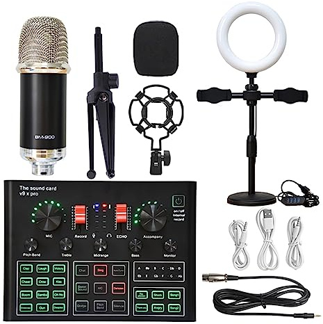 Kit completo per podcast, Pacchetto microfono professionale a condensatore da studio Kit microfono WXH1000 con scheda audio live Wireless Karaoke(Silver BM900 LED)