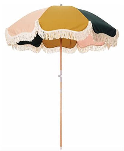 CRBUDY Ombrellone da Spiaggia da Esterno, 200 cm, con Frangia, per Balcone, Piscina, palo in Legno (Cuciture Colorate)