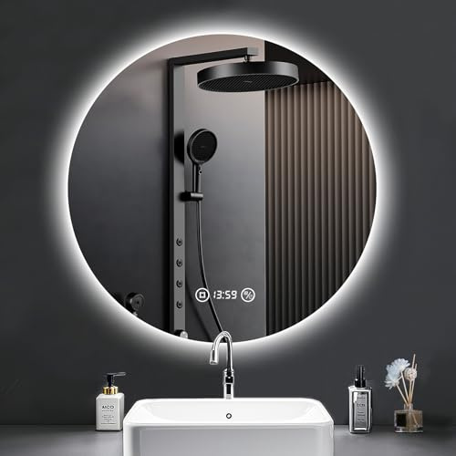 PESENXAN Runder Badezimmerspiegel mit Beleuchtung, 60cm LED Spiegel Bad mit Digital Uhr, Antibeschlag, 3 Lichtfarben, Dimmbar, Speicherfunktion, Touch-Schalter, IP44 Wasserdicht Rund Badspiegel