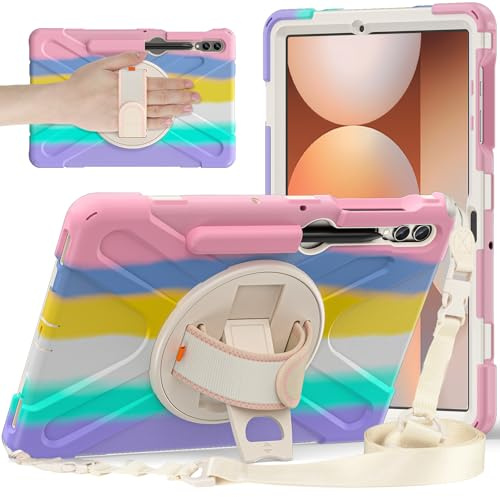HUOLUNGJIN Custodia robusta compatibile con tablet Samsung Galaxy Tab S10+ Plus/S9 FE+ Plus da 12,4 pollici (SM-X826/X610), in silicone, con supporto S-Pen, supporto, manico, tracolla (rosa C)