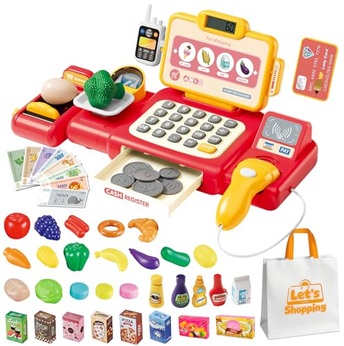 Kasse Spielzeug für Kinder, Kleinkind Pretend Play Store mit Echten Rechner, Scanner, Spielen Essen, Geld & Kreditkarte, Handtaschen，Lernspielzeug für Kinder ab 3 Jahre,Geschenk für Jungen Mädchen