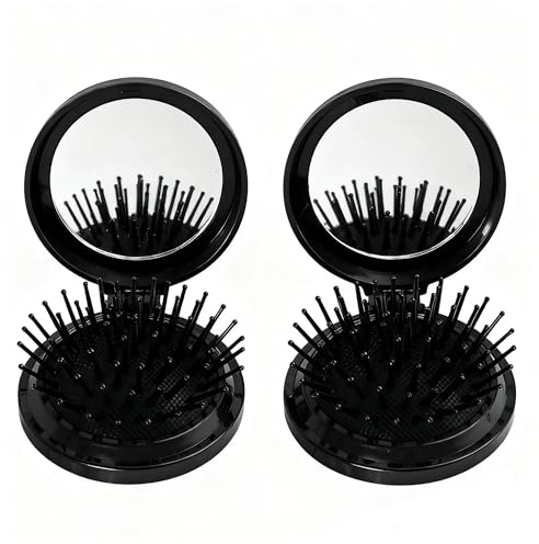 Xynovate 2Pcs Foldable Travel Mirror Hair Brushes, Mini Travel Hair Brush with Mirror, Travel Size Hair Massage Comb for Women Man Travel Home, Healthy Shine, Wet Dry Hair (Black)