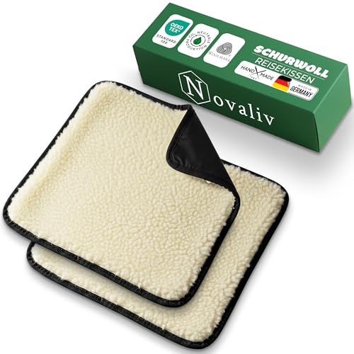 Novaliv 2er Set Reise-Sitzkissen 37 x 37 cm Natur, faltbar, Schurwolle, PA-Rückseite wasserabweisend, isolierend, atmungsaktiv, leicht im Handgepäck – Outdoor Sitzauflage für Zug Flugzeug Bus Stadion