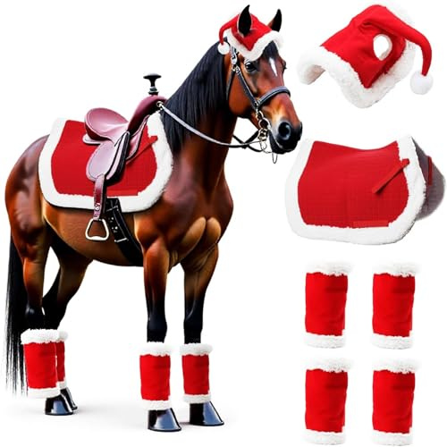 Generisch Weihnachtskostüm Pferde Outfit 6-teilig Set - Weihnachtsmütze, Gamaschen, Satteldecke & Zubehör für Pferd, Festliche Reiterdekoration im Santastil für Fotoshooting, Winter & Weihnachtsfeier