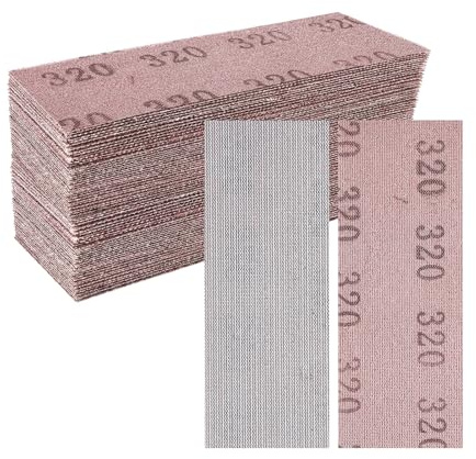 Sruhrak 50 Pcs Sanding Sheets 70 x 198 mm 320 Grit | Hook and Loop Net Sandpaper For Wood Metal Plaster & Furniture, Compatible with Hand Sanders
