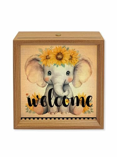 Wood Night Light Box 6.5x6.5in,Welcome Words Animals Elephants Table Lights Wooden Picture Frame with USB Rechargeable Touch LED Lights for Home Decor Desktop Display,Flowers Films Boundaries